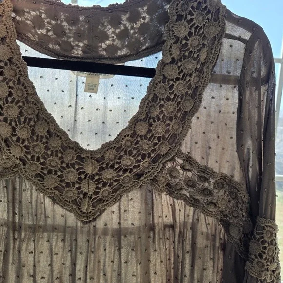 Womens L Peasant Babydoll Top Tunic Crochet Olive Green Cottage Boho Festival‎ - Picture 5 of 10